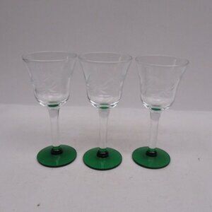 3-Morgantown Glass Works Crystal Etched Green Foot 4 Inch High CORDIAL Glasses